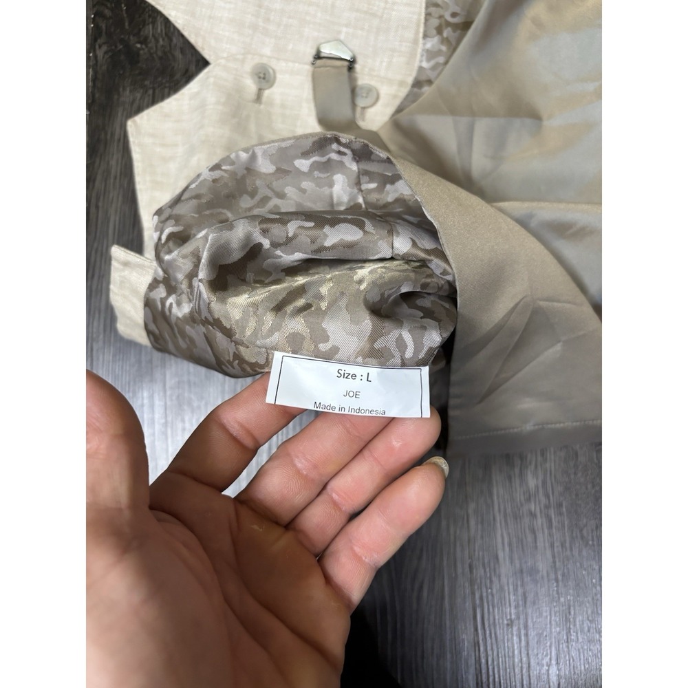 Joseph Abboud Mens Vest Tan Camo Lining Size L Back Pull Tab Button Down Linen - Picture 6 of 9
